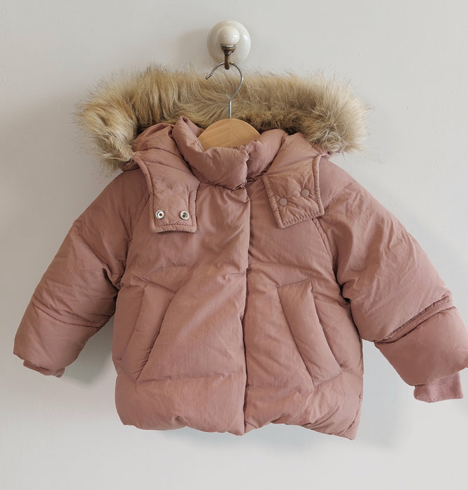 ZARA Baby hooded puffer jacket with removable fur trim and faux fur interior