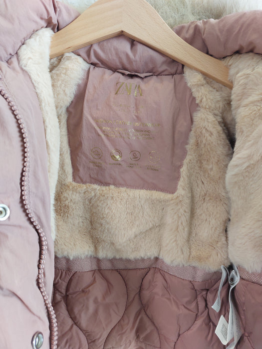 ZARA Baby hooded puffer jacket with removable fur trim and faux fur interior