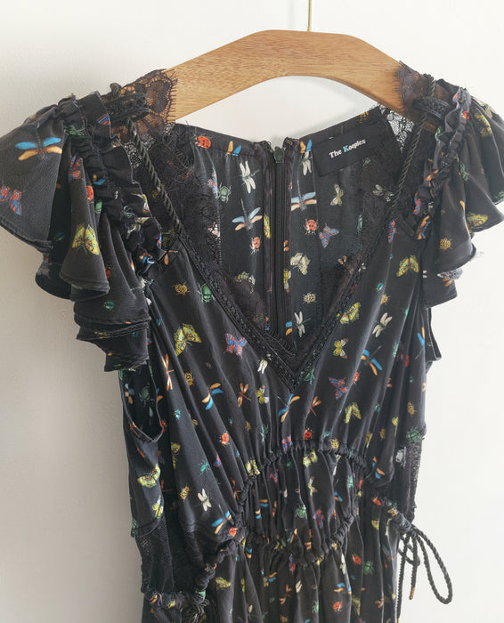 THE KOOPLES Black printed silk dress with lace inserts