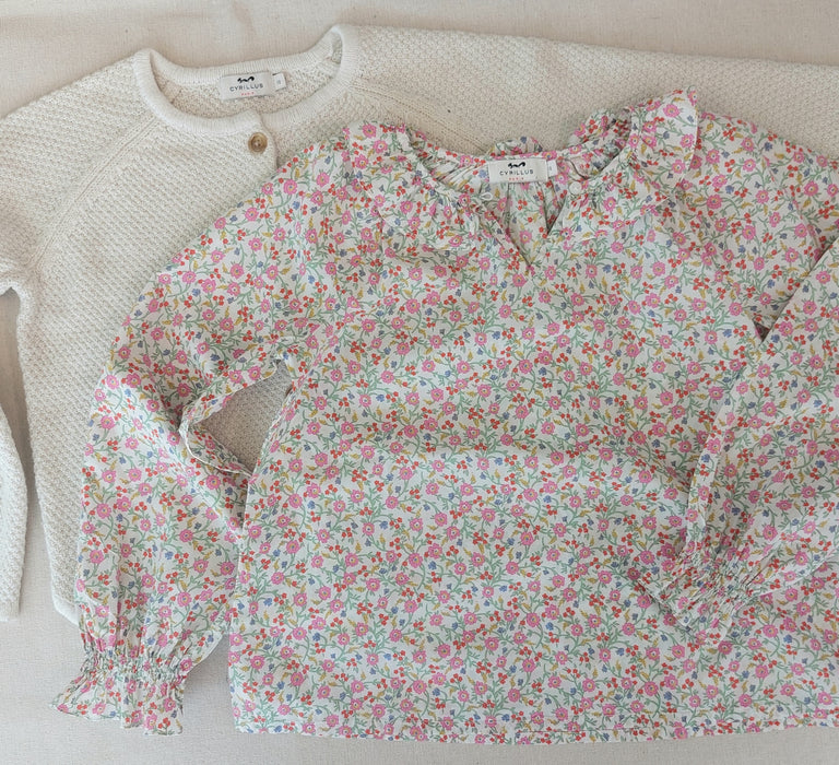 CYRILLUS Girl Outfit - Fancy Knit Cardigan & Liberty Blouse