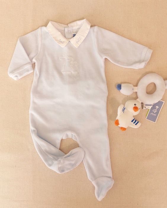 JACADI Baby Boy Gift Set – Velvet Pyjamas with Poplin Collar & Seagull Rattle