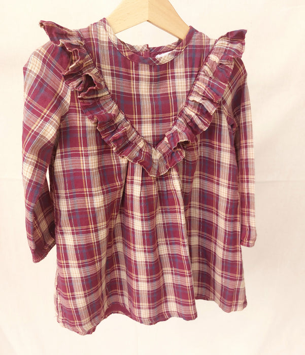 MONOPRIX KIDS Checked Long-Sleeved Dress with Neckline Ruffle