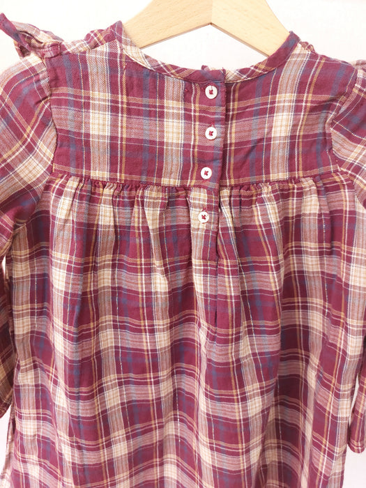 MONOPRIX KIDS Checked Long-Sleeved Dress with Neckline Ruffle