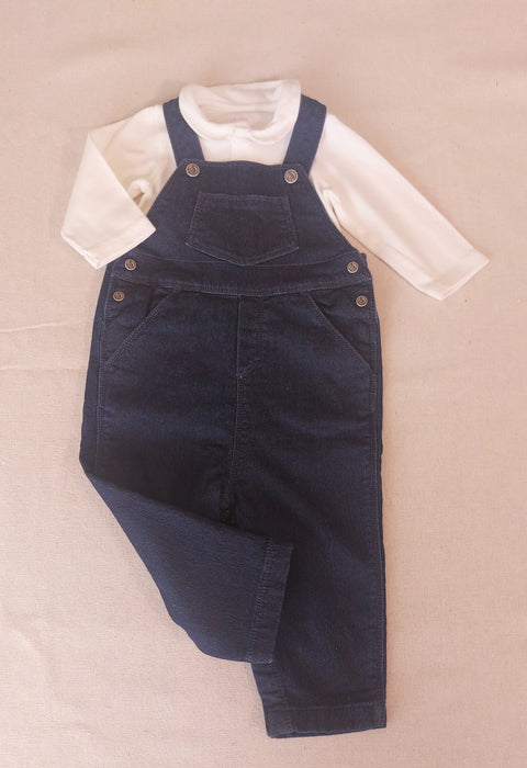 Baby Girl Set PETIT BATEAU Dungarees & Peter Pan Collar Bodysuit