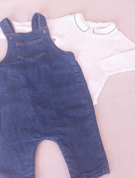 BOUT'CHOU Baby Boy Set Soft Denim Dungarees & Embroidered Collar Bodysuit