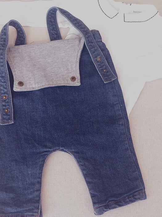 BOUT'CHOU Baby Boy Set Soft Denim Dungarees & Embroidered Collar Bodysuit