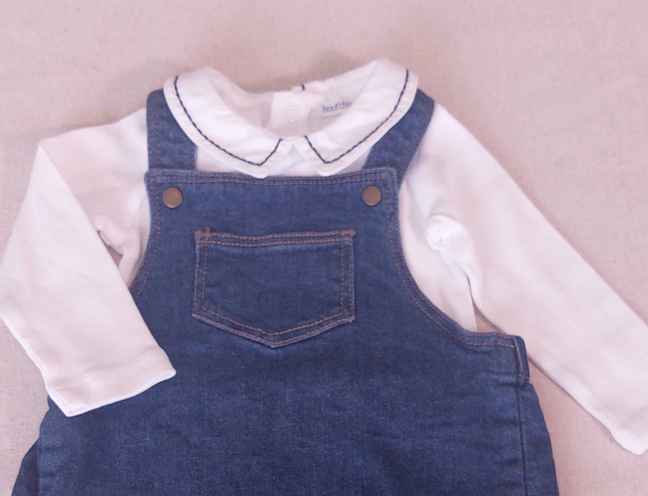 BOUT'CHOU Baby Boy Set Soft Denim Dungarees & Embroidered Collar Bodysuit