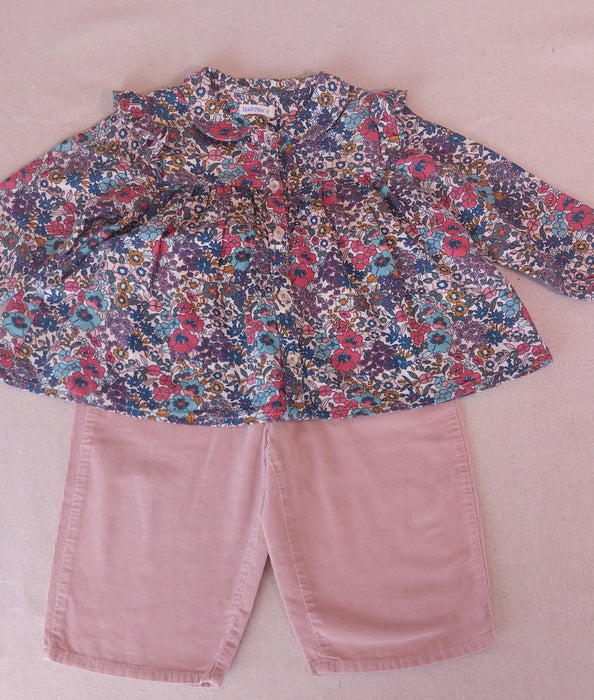 Baby Girl Outfit BOUT'CHOU Floral Print Blouse & MANGO Velvet Trousers