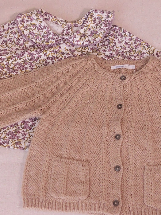 BOUT'CHOU Baby Girl Set Fancy Knit Cardigan & Floral Print Jersey Blouse with Peter Pan Collar