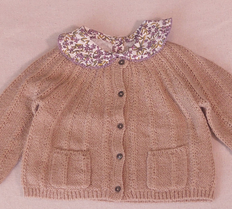 BOUT'CHOU Baby Girl Set Fancy Knit Cardigan & Floral Print Jersey Blouse with Peter Pan Collar