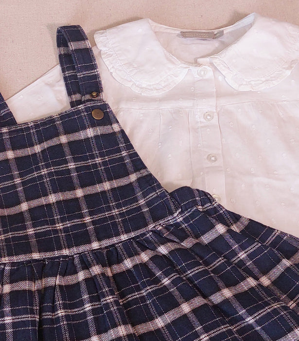 BOUT'CHOU Baby Girl Set Pinafore Dress & Swiss Dot Blouse with Peter Pan Collar