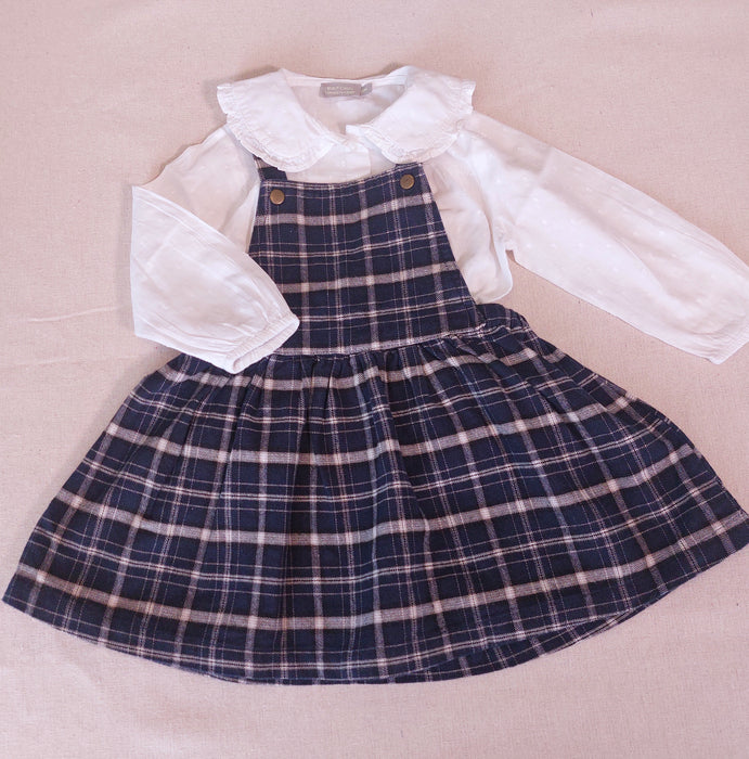 BOUT'CHOU Baby Girl Set Pinafore Dress & Swiss Dot Blouse with Peter Pan Collar