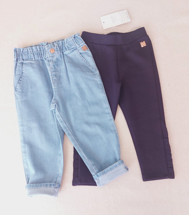 CARREMENT BEAU Baby Girl Set of 2 Bottoms - Soft Denim Trousers & Ruffle-Detail Leggings