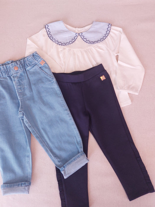 CARREMENT BEAU Baby Girl Set of 2 Bottoms - Soft Denim Trousers & Ruffle-Detail Leggings