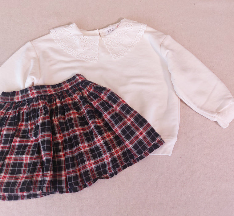 Girl's Set ZARA Lace-Collar Sweatshirt & ZEF Checkered Skirt