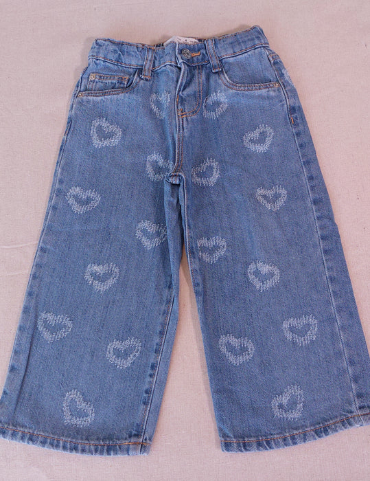 ZARA Girl's Wide-Leg Denim Jeans with Embroidered Hearts