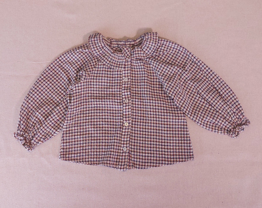 ZARA Girl's Outfit Checkered Blouse with Ruffled Collar & Wide-Leg Jeans with Embroidered Bows