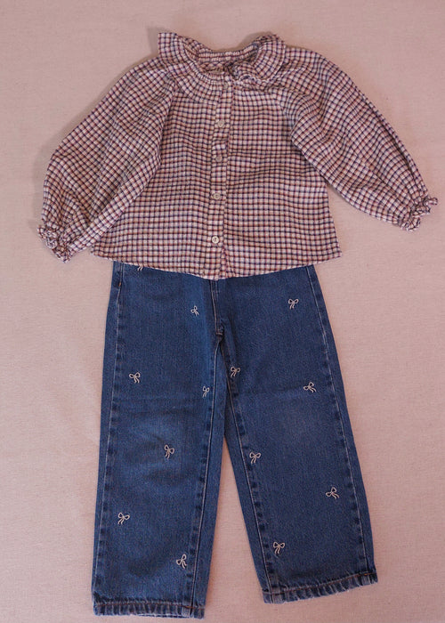ZARA Girl's Outfit Checkered Blouse with Ruffled Collar & Wide-Leg Jeans with Embroidered Bows