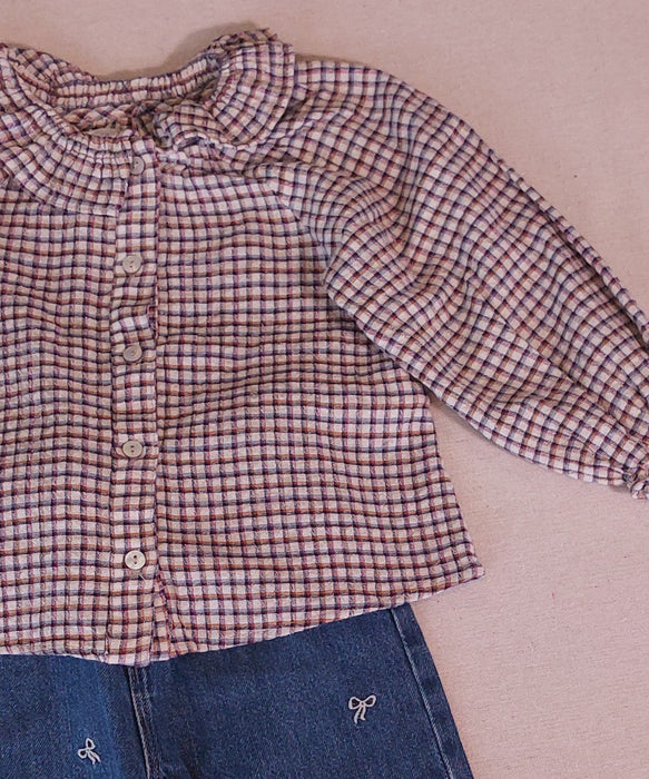 ZARA Girl's Outfit Checkered Blouse with Ruffled Collar & Wide-Leg Jeans with Embroidered Bows