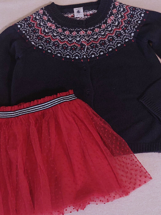 PETIT BATEAU Girl's Outfit Intarsia Cardigan & Polka-Dot Tulle Skirt
