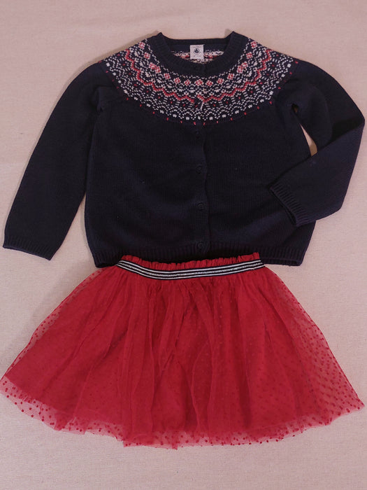 PETIT BATEAU Girl's Outfit Intarsia Cardigan & Polka-Dot Tulle Skirt