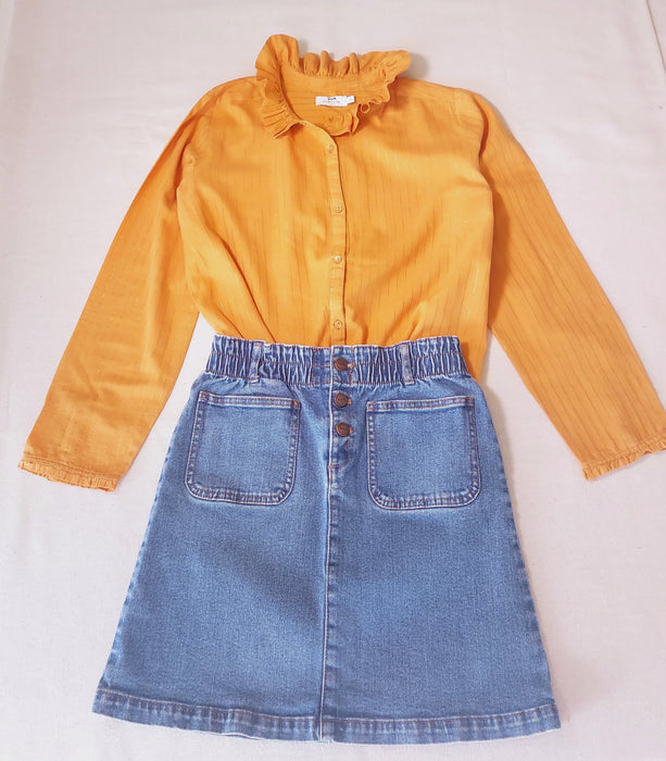 CYRILLUS Girls’ Outfit - Blouse with Ruffle Collar & Denim Skirt