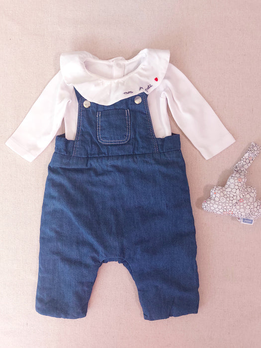 JACADI Baby Girl Outfit - Lightweight Denim Overalls & Embroidered Ruffle-Collar Bodysuit