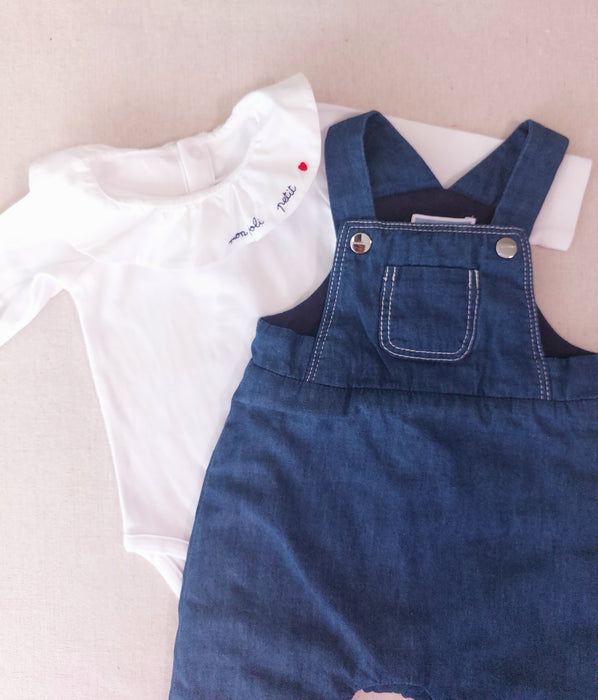 JACADI Baby Girl Outfit - Lightweight Denim Overalls & Embroidered Ruffle-Collar Bodysuit