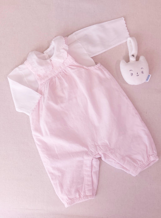 BOUT’CHOU Newborn Girl Set - Light Pink Velvet Overalls & Embroidered-Collar Blouse
