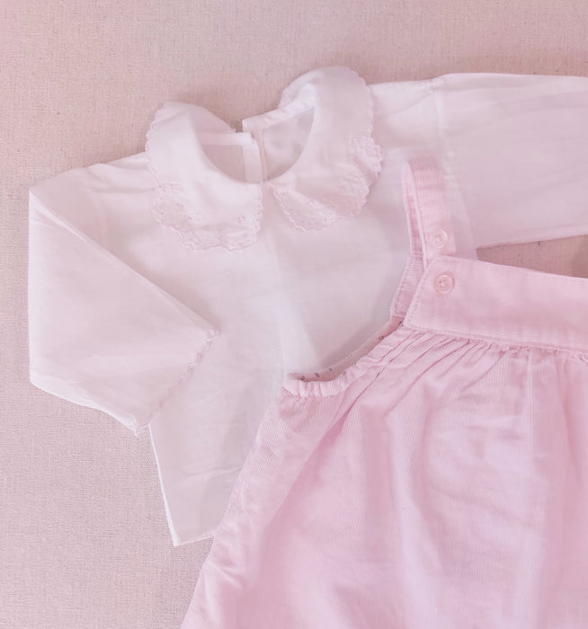 BOUT’CHOU Newborn Girl Set - Light Pink Velvet Overalls & Embroidered-Collar Blouse