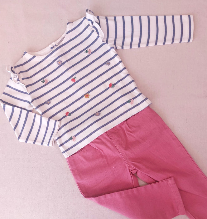 BOUT’CHOU Baby Girl Set - Embroidered T-Shirt & Pink Denim Trousers
