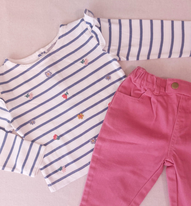 BOUT’CHOU Baby Girl Set - Embroidered T-Shirt & Pink Denim Trousers