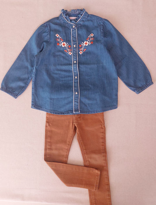 Girls’ Outfit MONOPRIX KIDS Embroidered Denim Blouse & IKKS Denim with Corduroy insert