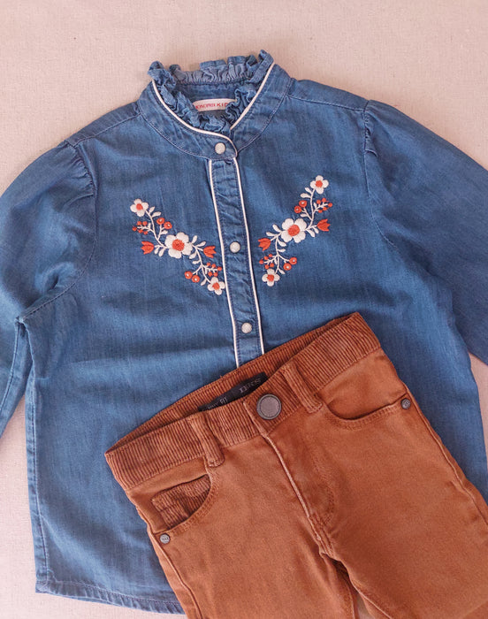 Girls’ Outfit MONOPRIX KIDS Embroidered Denim Blouse & IKKS Denim with Corduroy insert